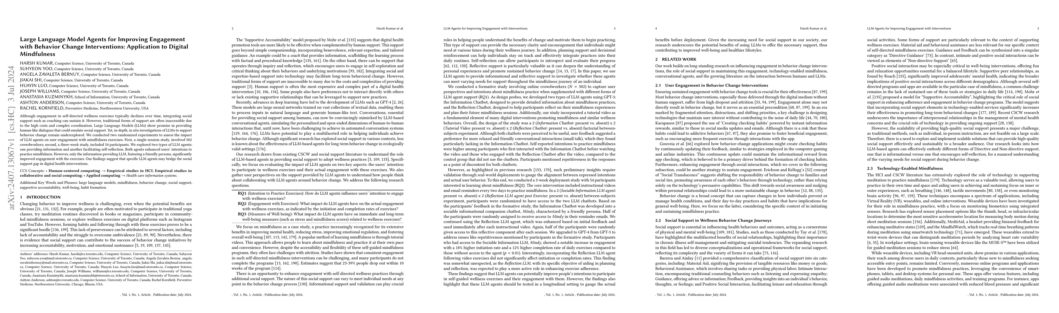 Thumbnail for Large Language Model Agents for Improving Engagement with Behavior
  Change Interventions: Application to Digital Mindfulness