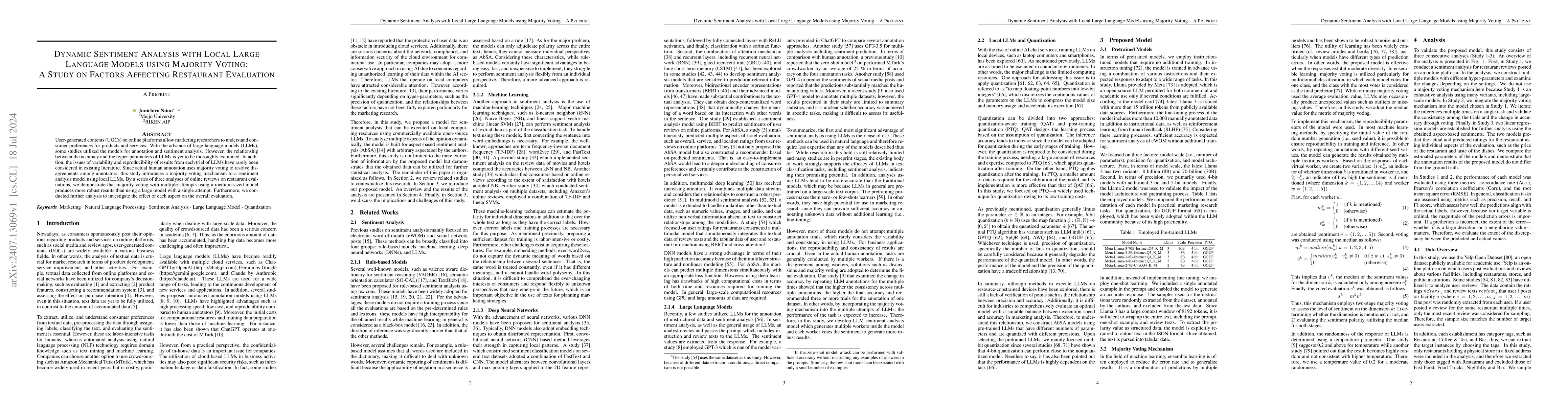 Thumbnail for Dynamic Sentiment Analysis with Local Large Language Models using
  Majority Voting: A Study on Factors Affecting Restaurant Evaluation