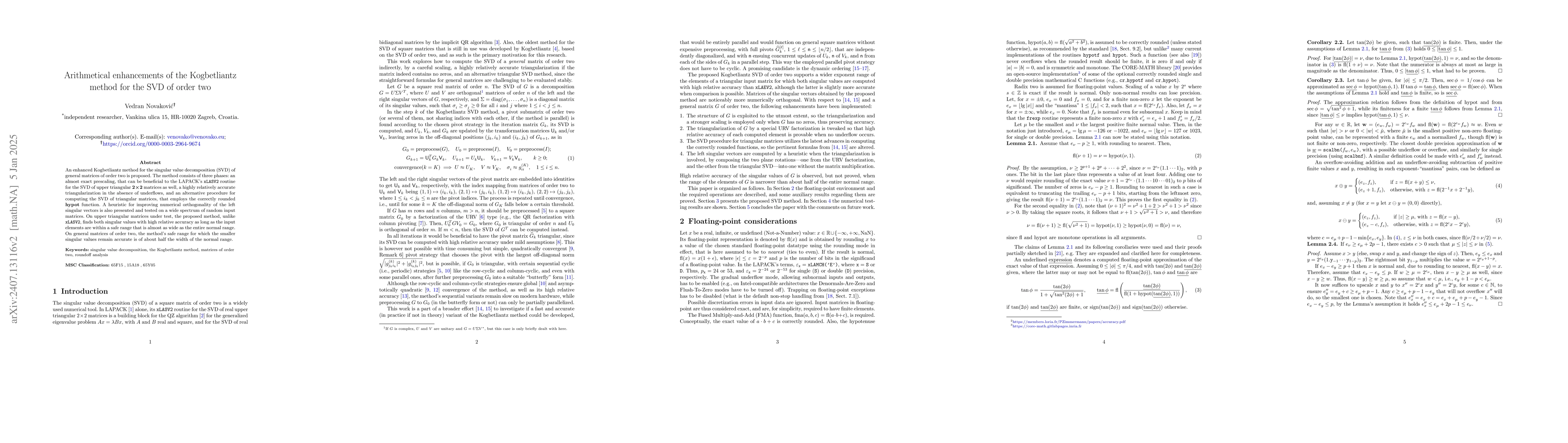 Thumbnail for Arithmetical enhancements of the Kogbetliantz method for the SVD of
  order two