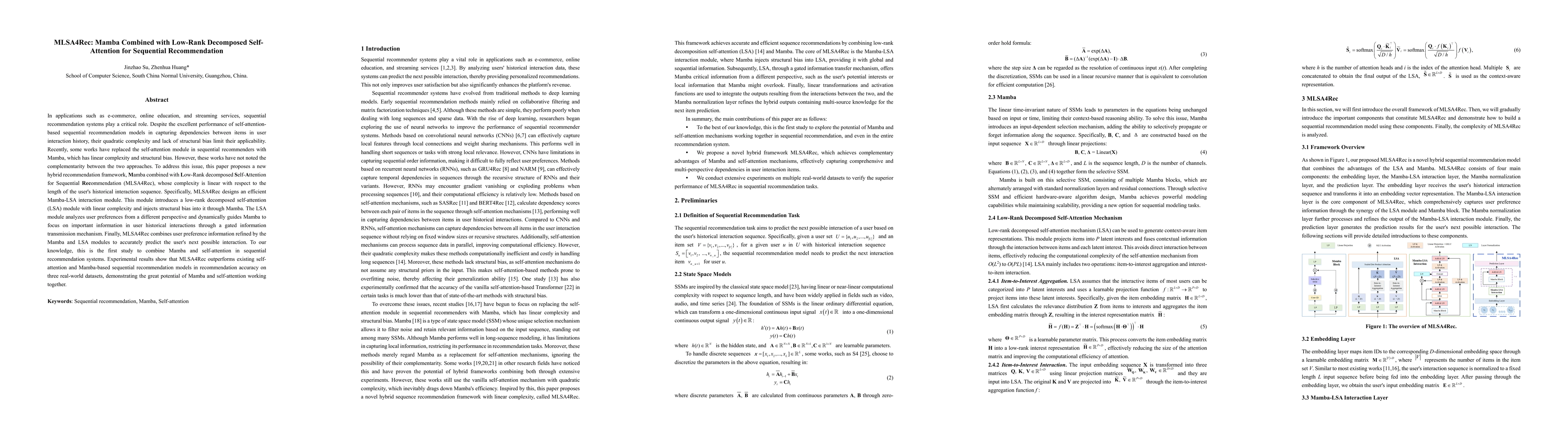 Thumbnail for MLSA4Rec: Mamba Combined with Low-Rank Decomposed Self-Attention for
  Sequential Recommendation
