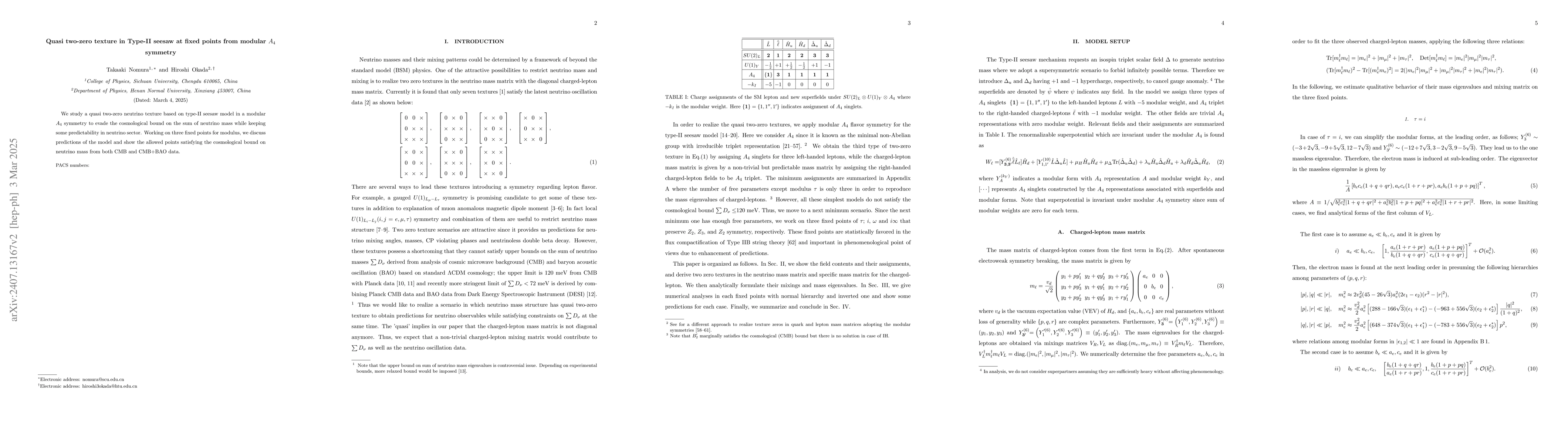 Thumbnail for Quasi two-zero texture in Type-II seesaw at fixed points from modular
  $A_4$ symmetry
