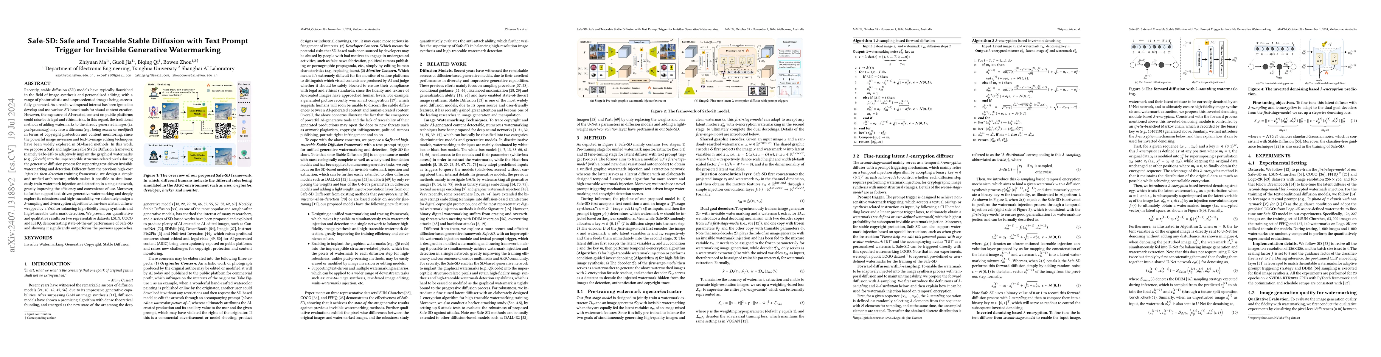 Thumbnail for Safe-SD: Safe and Traceable Stable Diffusion with Text Prompt Trigger
  for Invisible Generative Watermarking