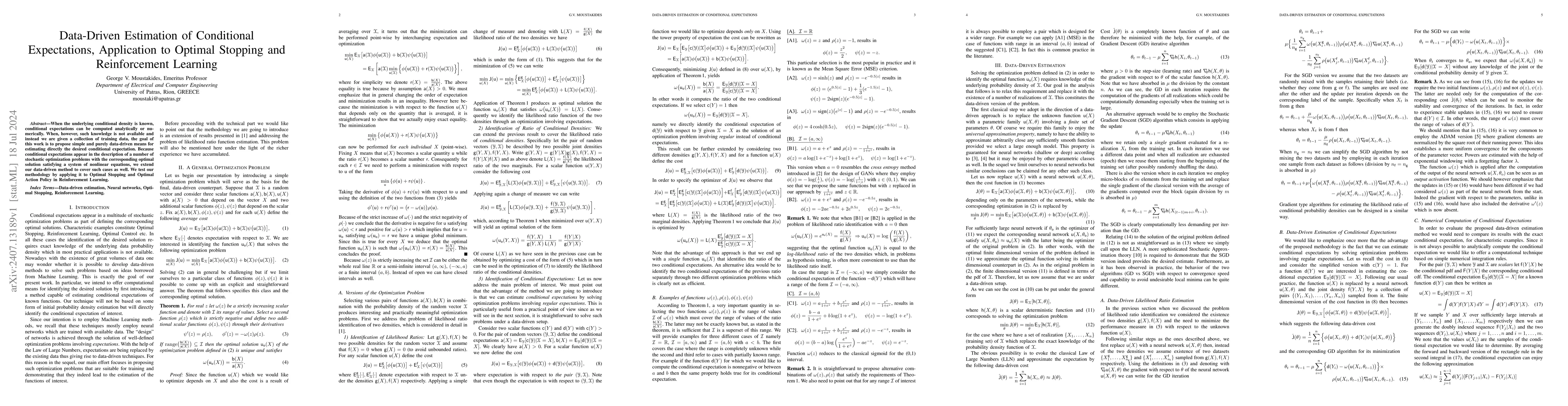 Thumbnail for Data-Driven Estimation of Conditional Expectations, Application to
  Optimal Stopping and Reinforcement Learning