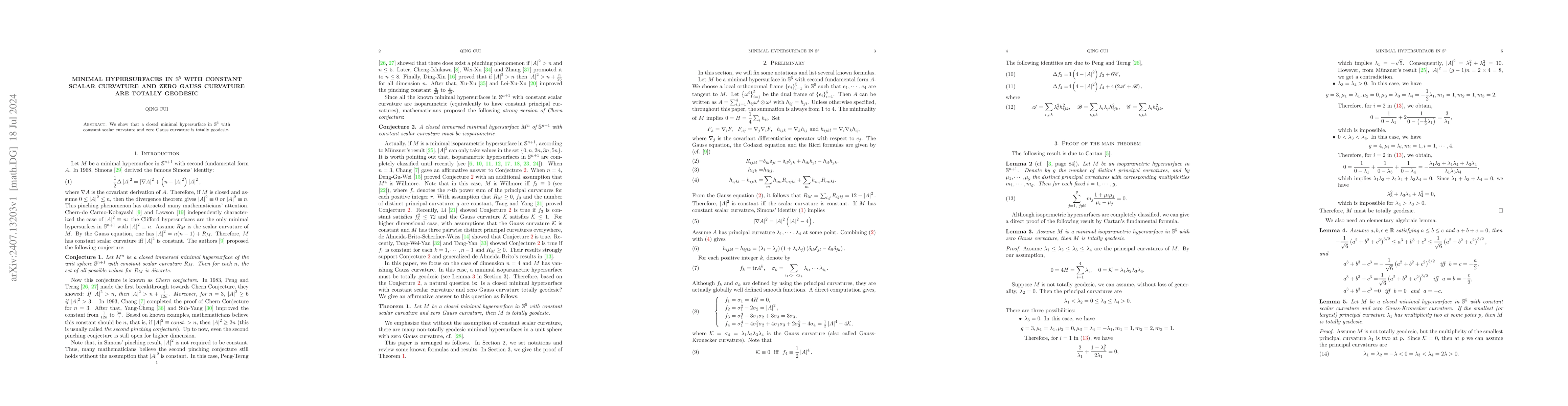 Thumbnail for Minimal hypersurfaces in $\mathbb{S}^5$ with constant scalar curvature
  and zero Gauss curvature are totally geodesic