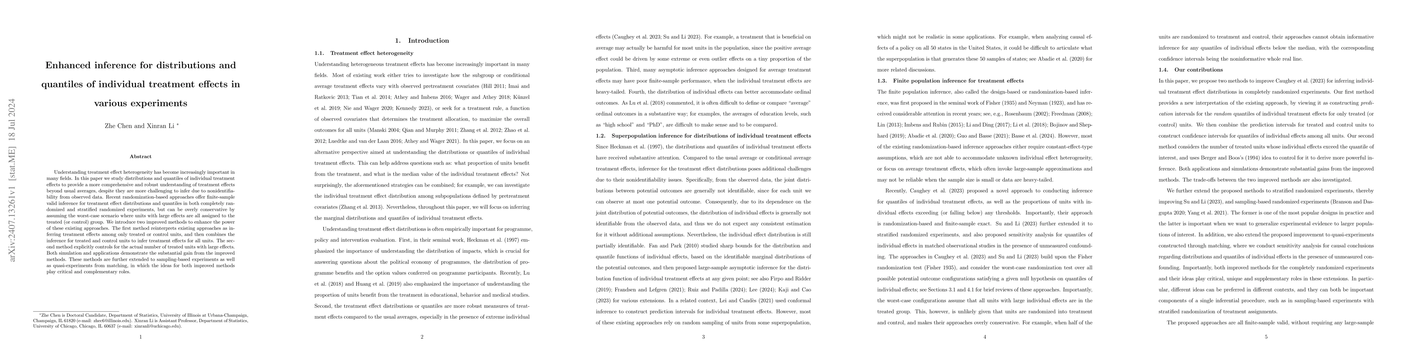 Thumbnail for Enhanced inference for distributions and quantiles of individual
  treatment effects in various experiments