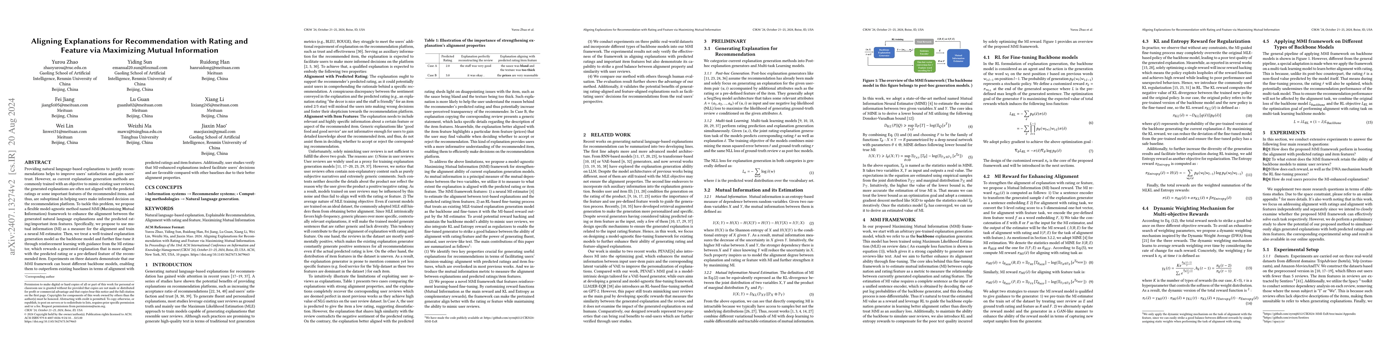 Thumbnail for Aligning Explanations for Recommendation with Rating and Feature via
  Maximizing Mutual Information