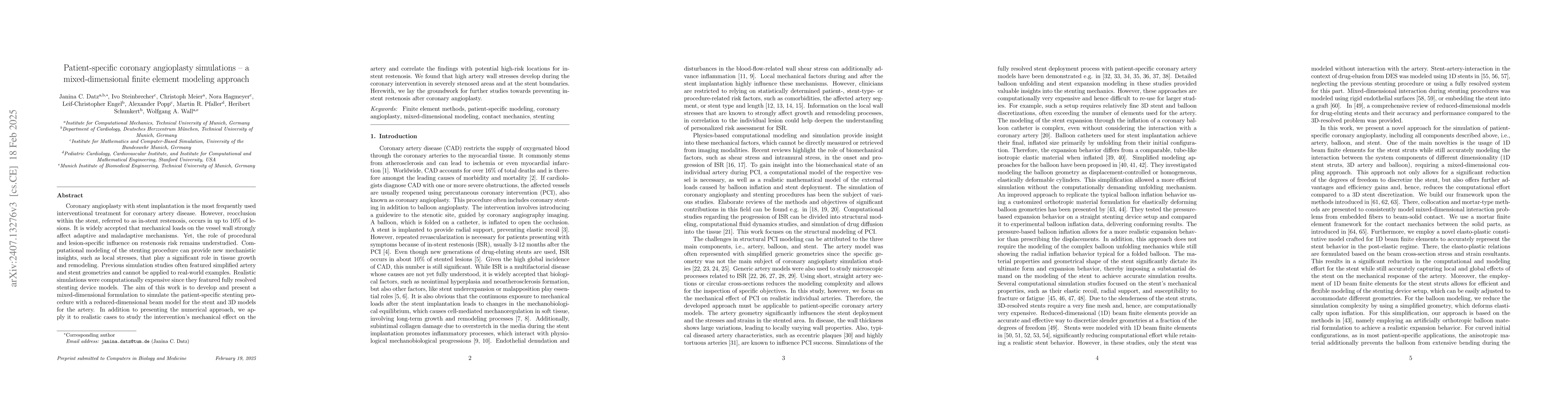 Thumbnail for Patient-specific coronary angioplasty simulations -- a mixed-dimensional
  finite element modeling approach