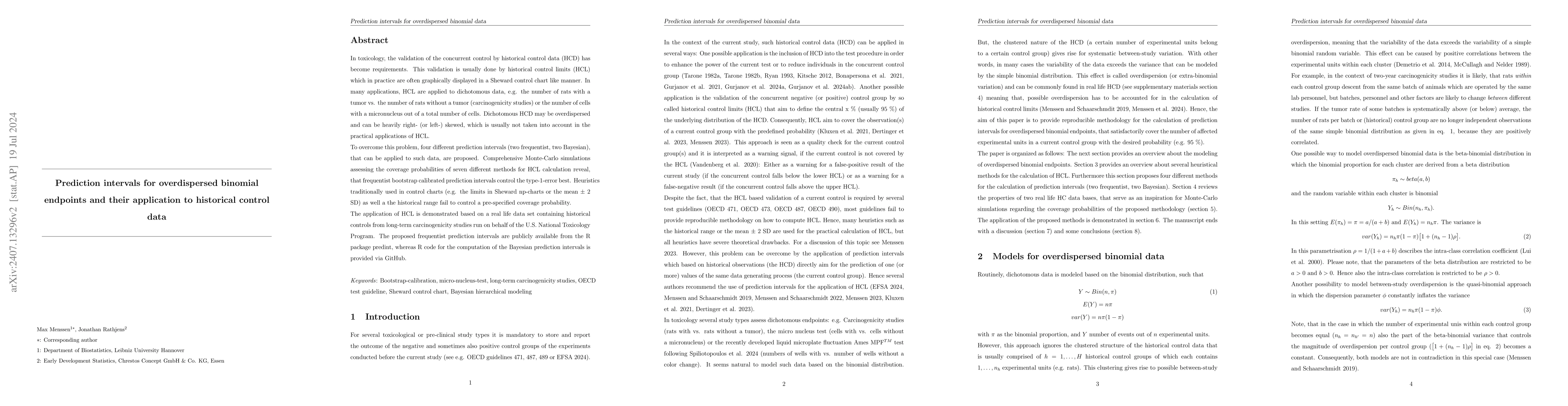 Thumbnail for Prediction intervals for overdispersed binomial endpoints and their
  application to historical control data