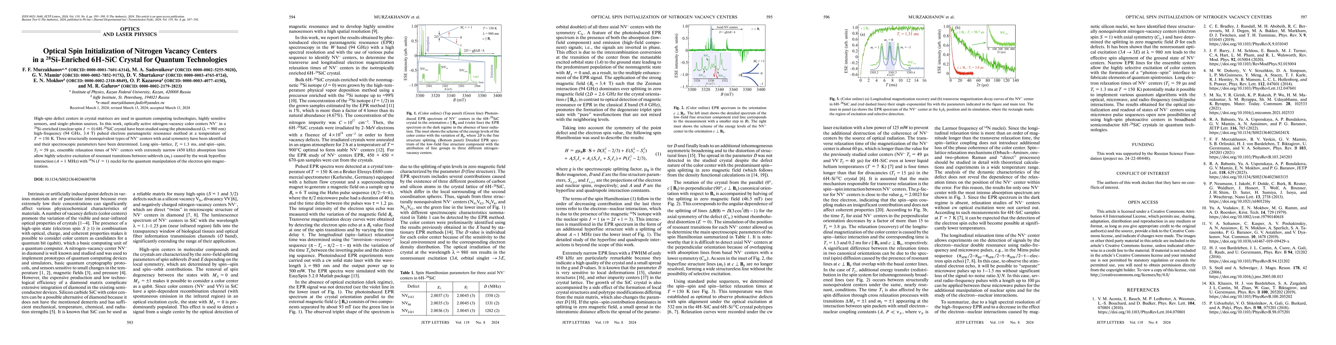Thumbnail for Optical Spin Initialization of Nitrogen Vacancy Centers in a
  28Si-Enriched 6H-SiC Crystal for Quantum Technologies