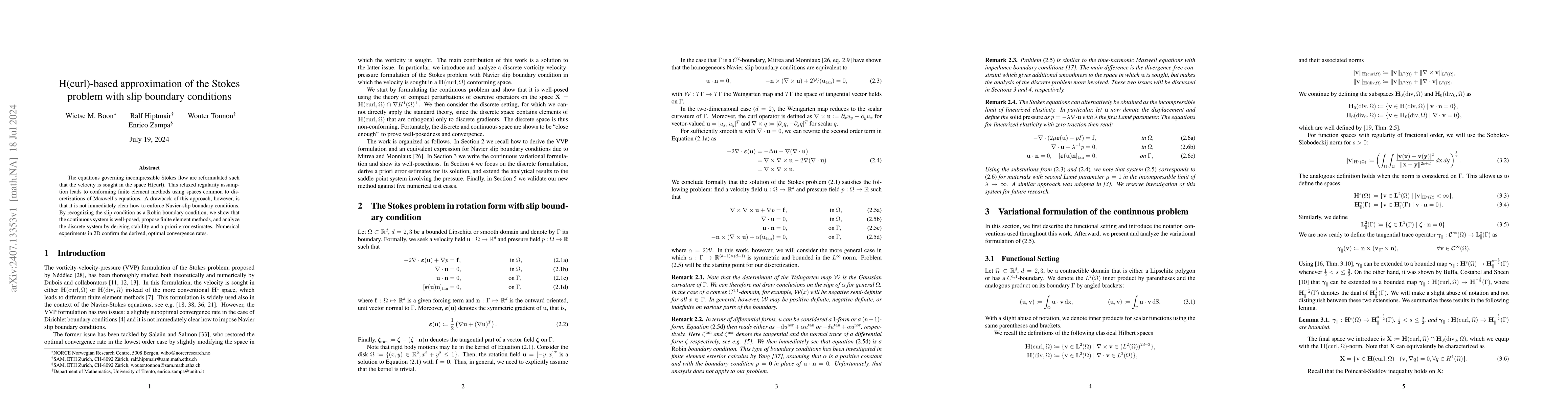 Thumbnail for H(curl)-based approximation of the Stokes problem with slip boundary
  conditions