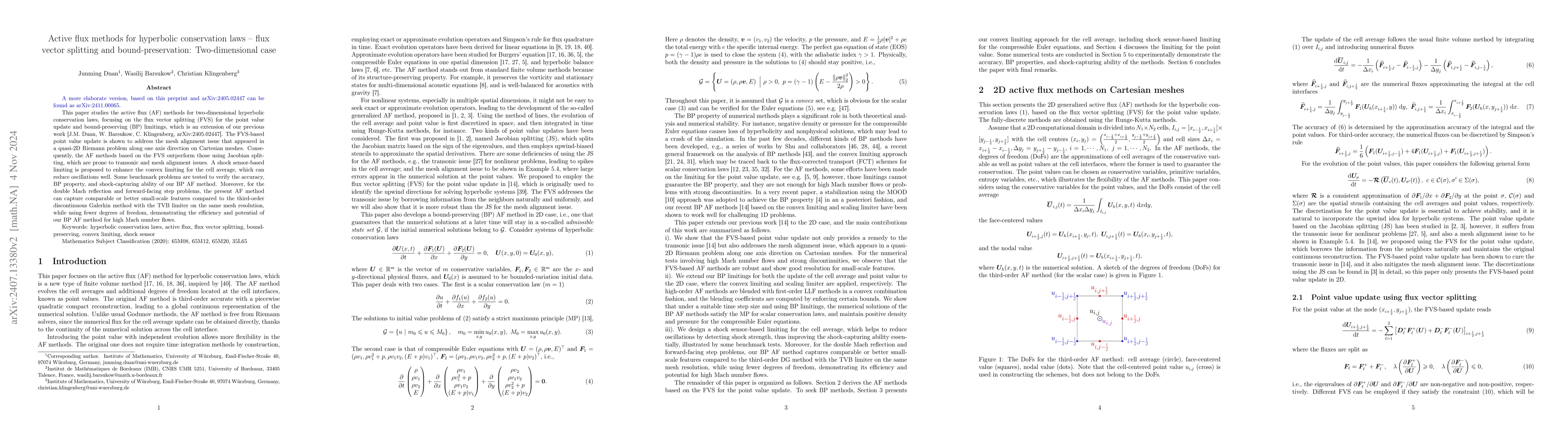 Thumbnail for Active flux methods for hyperbolic conservation laws -- flux vector
  splitting and bound-preservation: Two-dimensional case
