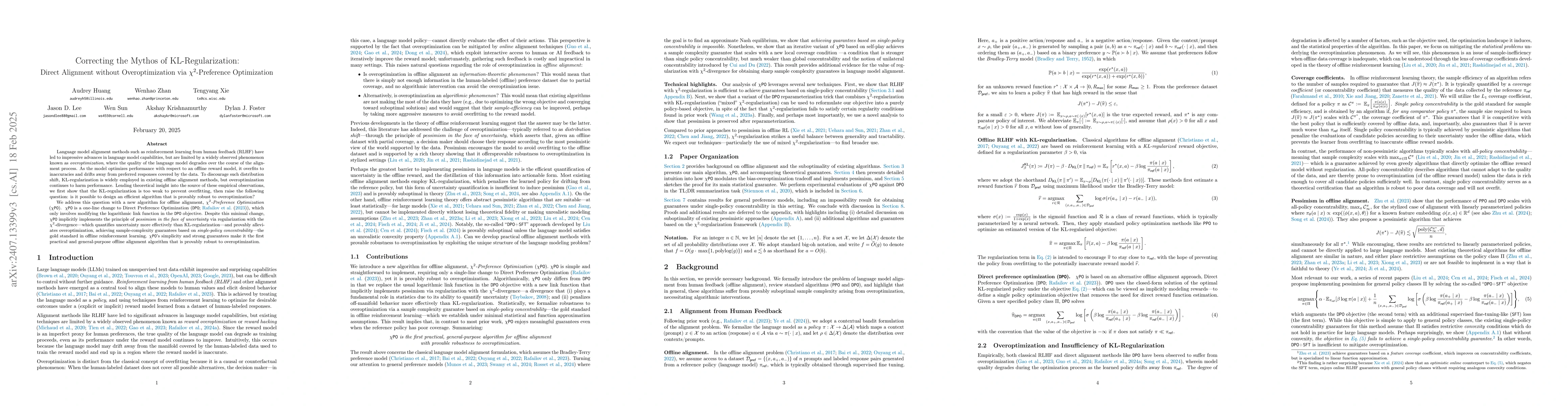 Thumbnail for Correcting the Mythos of KL-Regularization: Direct Alignment without
  Overoptimization via Chi-Squared Preference Optimization