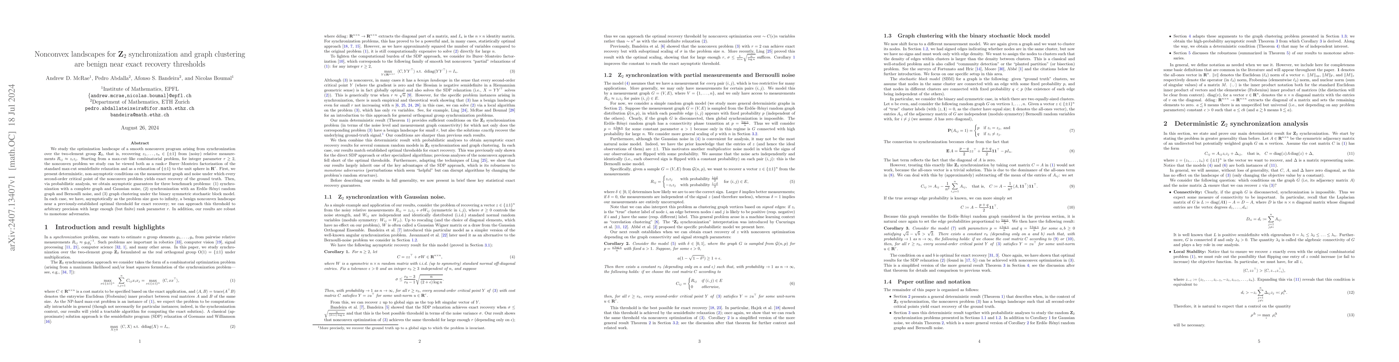 Thumbnail for Nonconvex landscapes for $\mathbf{Z}_2$ synchronization and graph
  clustering are benign near exact recovery thresholds