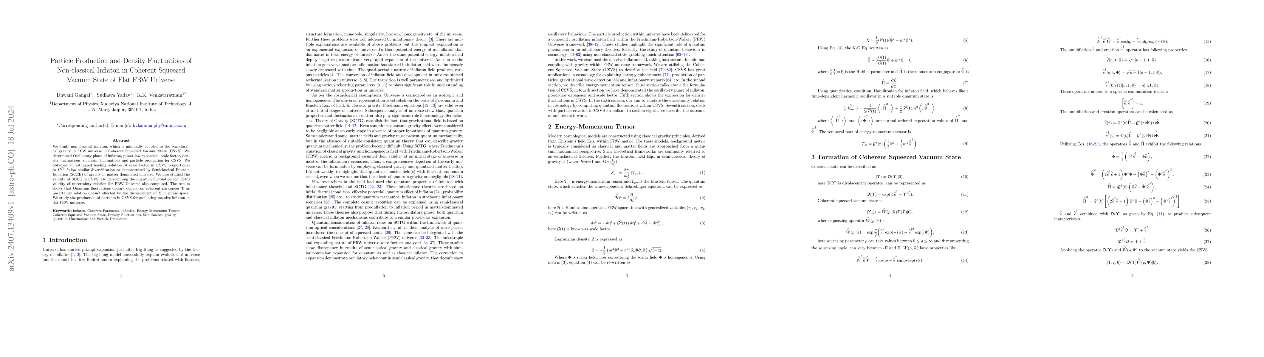 Thumbnail for Particle Production and Density Fluctuations of Non-classical Inflaton
  in Coherent Squeezed Vacuum State of Flat FRW Universe