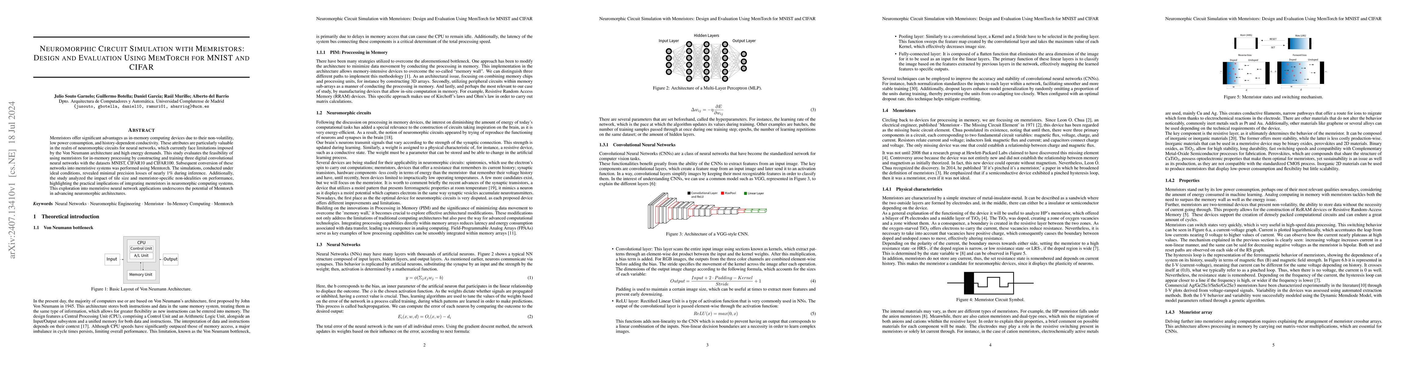 Thumbnail for Neuromorphic Circuit Simulation with Memristors: Design and Evaluation
  Using MemTorch for MNIST and CIFAR