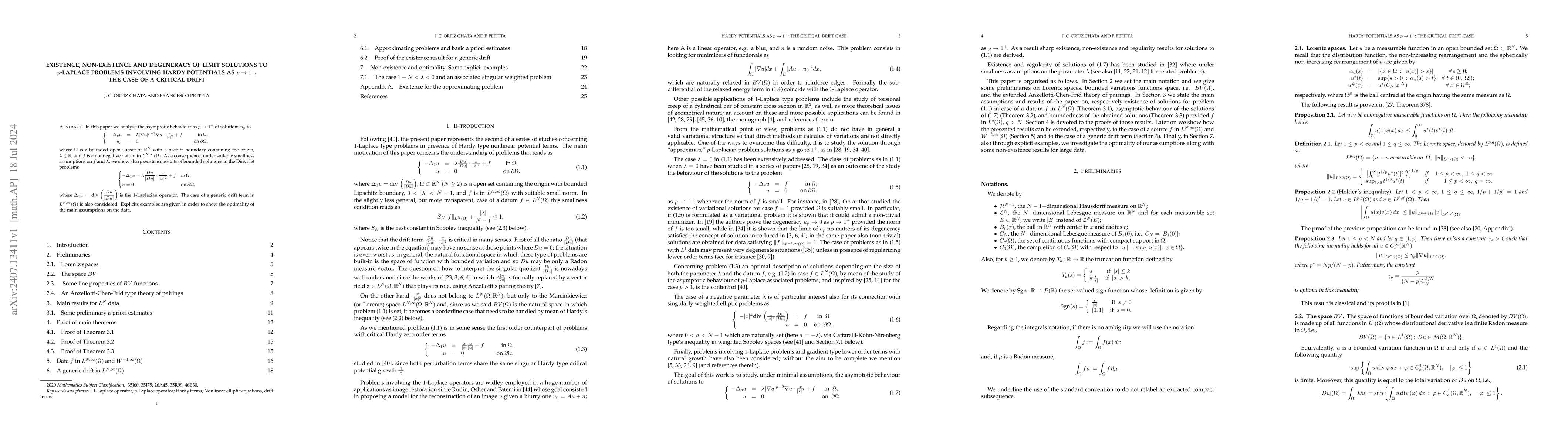 Thumbnail for Existence, non-existence and degeneracy of limit solutions to
  $p$-Laplace problems involving Hardy potentials as $p\to1^+$. The case of a
  critical drift