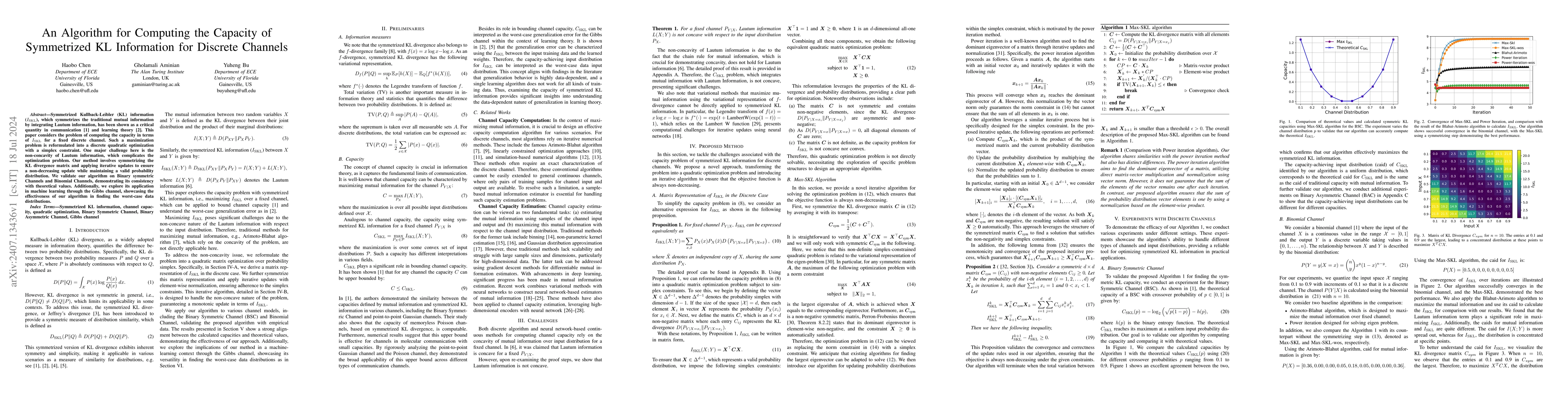 Thumbnail for An Algorithm for Computing the Capacity of Symmetrized KL Information
  for Discrete Channels