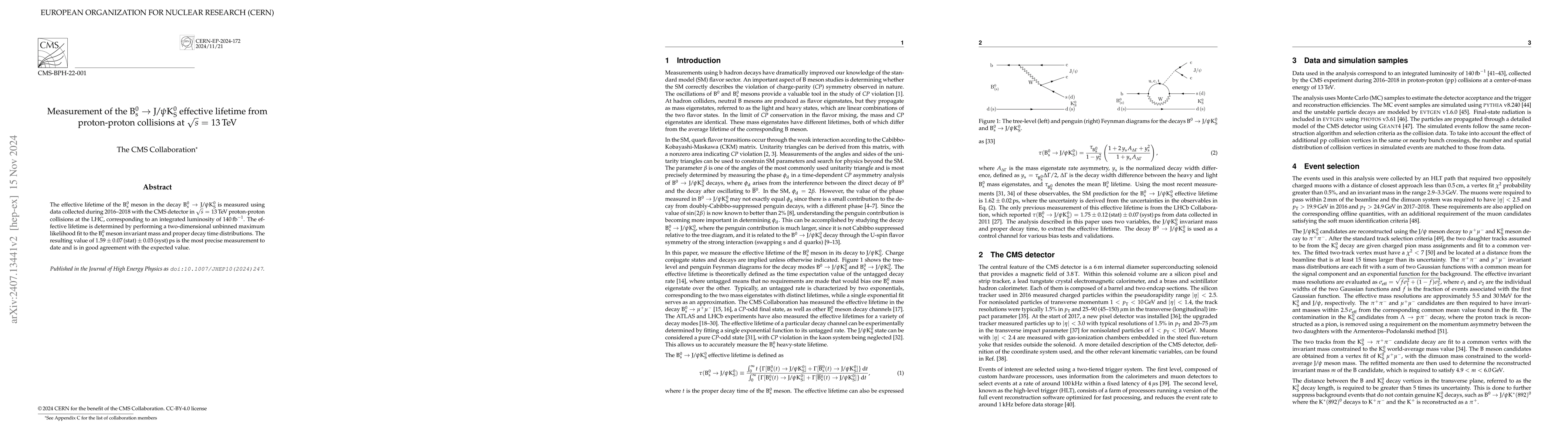 Thumbnail for Measurement of the B$^0_\mathrm{s}$ $\to$ J/$ψ$K$^0_\mathrm{S}$
  effective lifetime from proton-proton collisions at $\sqrt{s}$ = 13 TeV