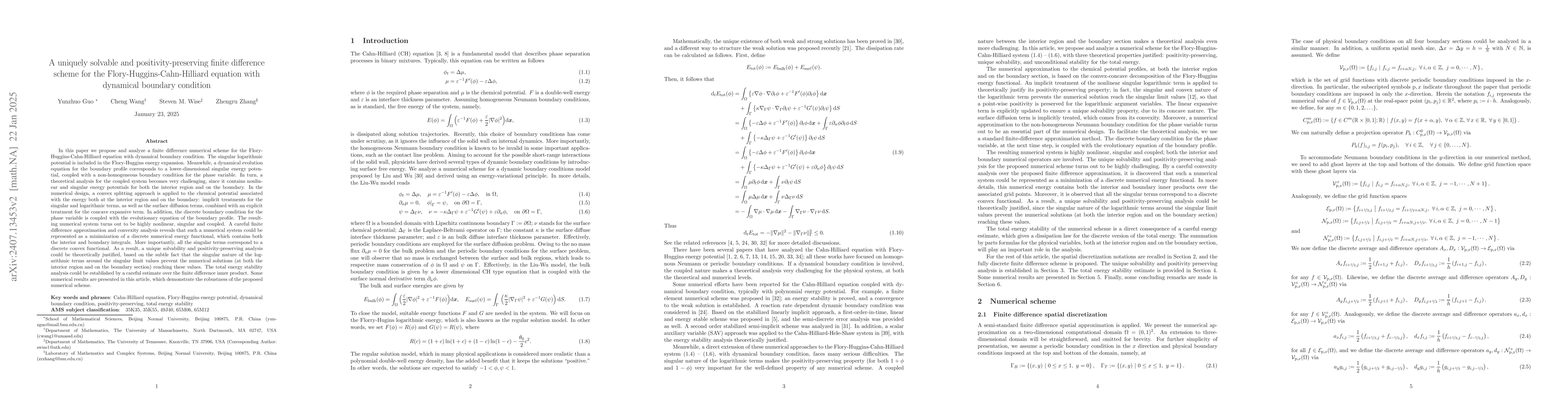 Thumbnail for A uniquely solvable and positivity-preserving finite difference scheme
  for the Flory-Huggins-Cahn-Hilliard equation with dynamical boundary
  condition