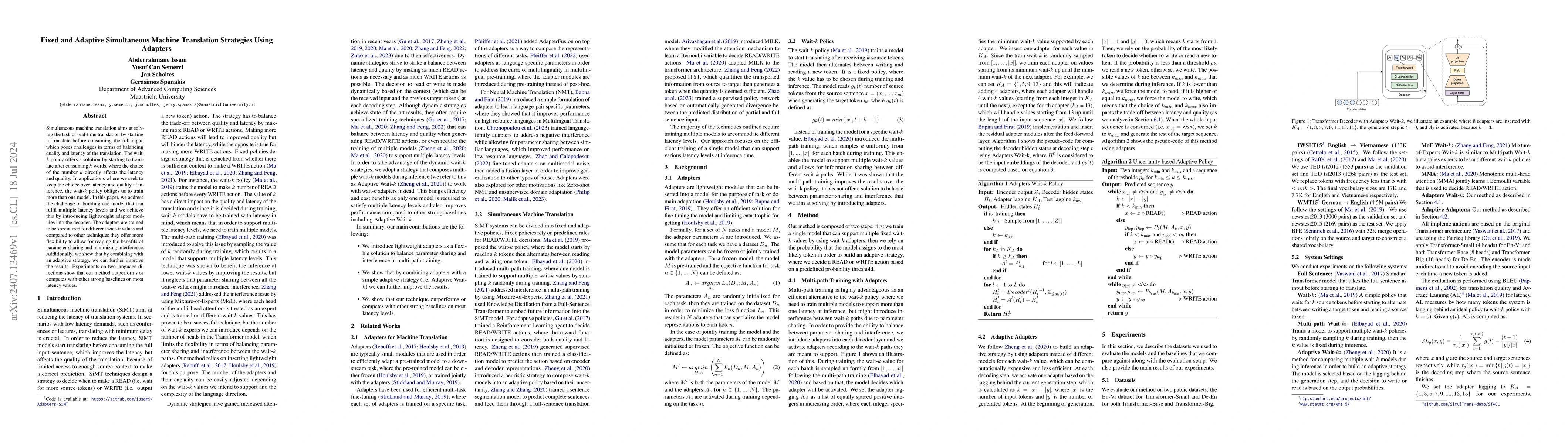 Thumbnail for Fixed and Adaptive Simultaneous Machine Translation Strategies Using
  Adapters