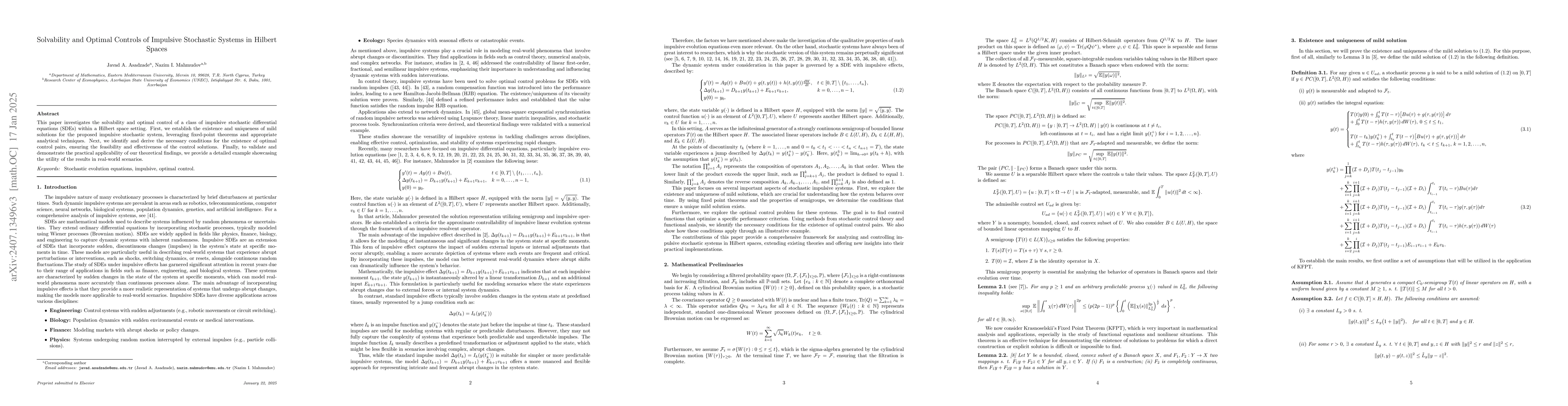 Thumbnail for Solvability and Optimal Controls of Impulsive Stochastic Evolution
  Equations in Hilbert Spaces