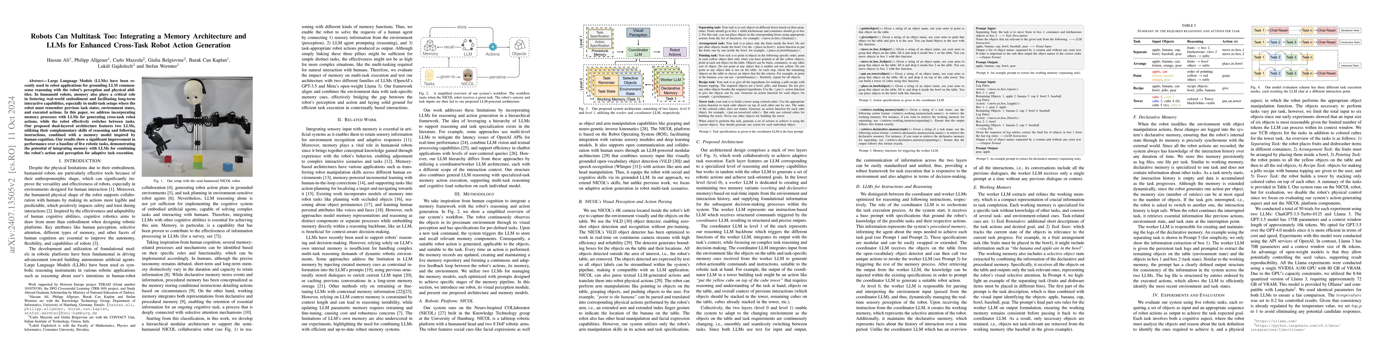 Thumbnail for Robots Can Multitask Too: Integrating a Memory Architecture and LLMs for
  Enhanced Cross-Task Robot Action Generation