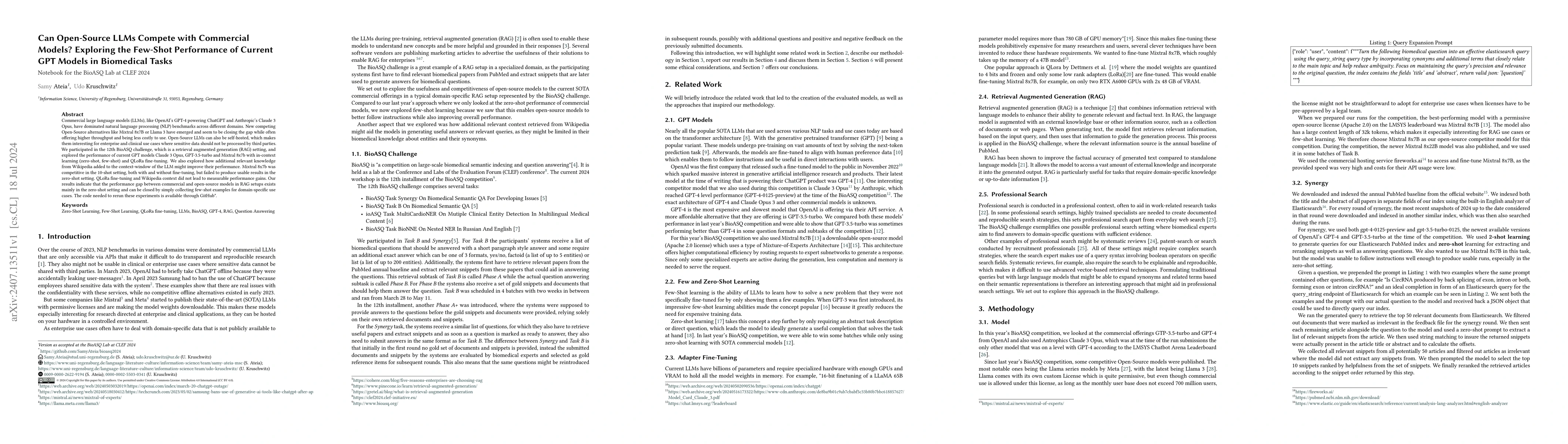 Thumbnail for Can Open-Source LLMs Compete with Commercial Models? Exploring the
  Few-Shot Performance of Current GPT Models in Biomedical Tasks