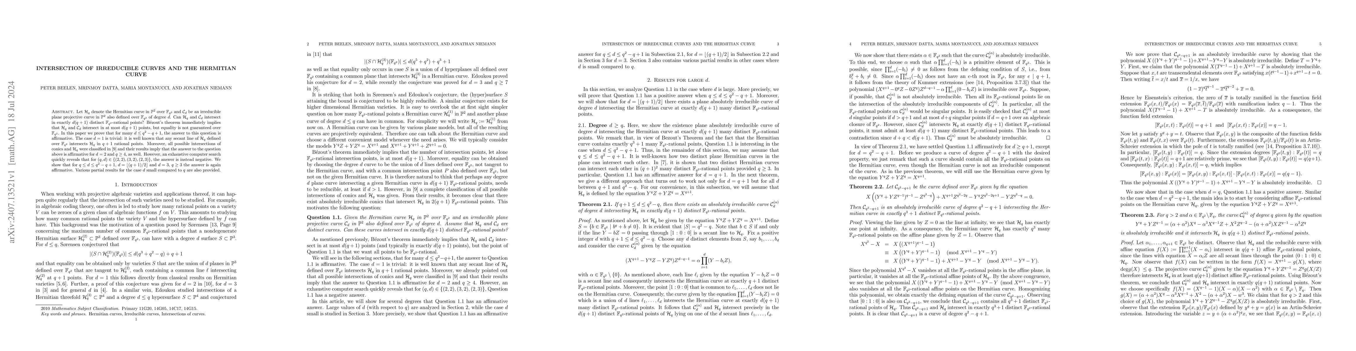 Thumbnail for Intersection of irreducible curves and the Hermitian curve