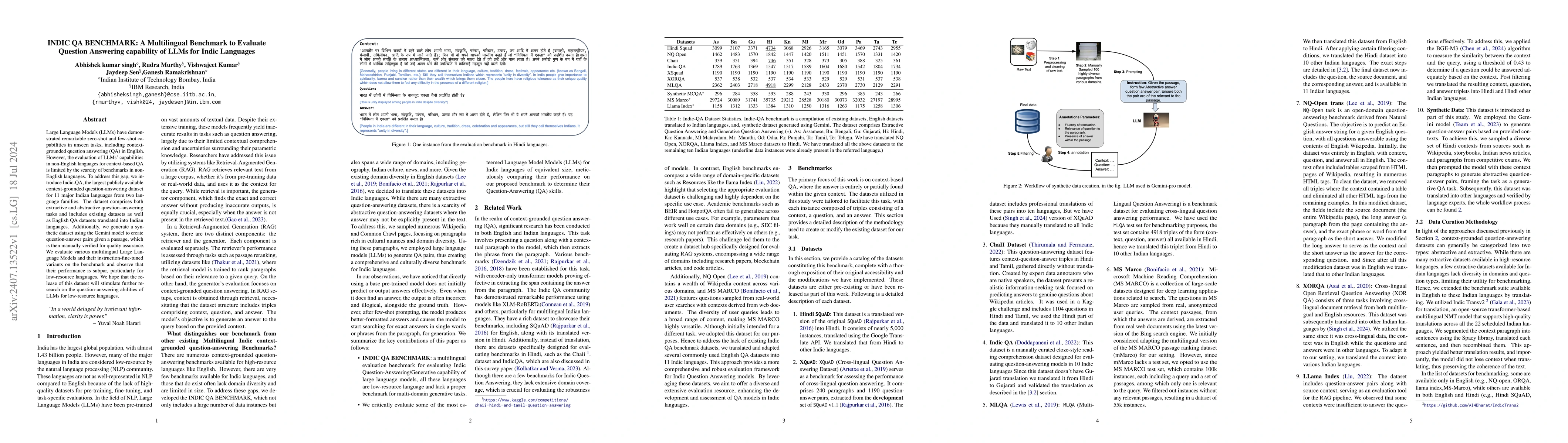 Thumbnail for INDIC QA BENCHMARK: A Multilingual Benchmark to Evaluate Question
  Answering capability of LLMs for Indic Languages