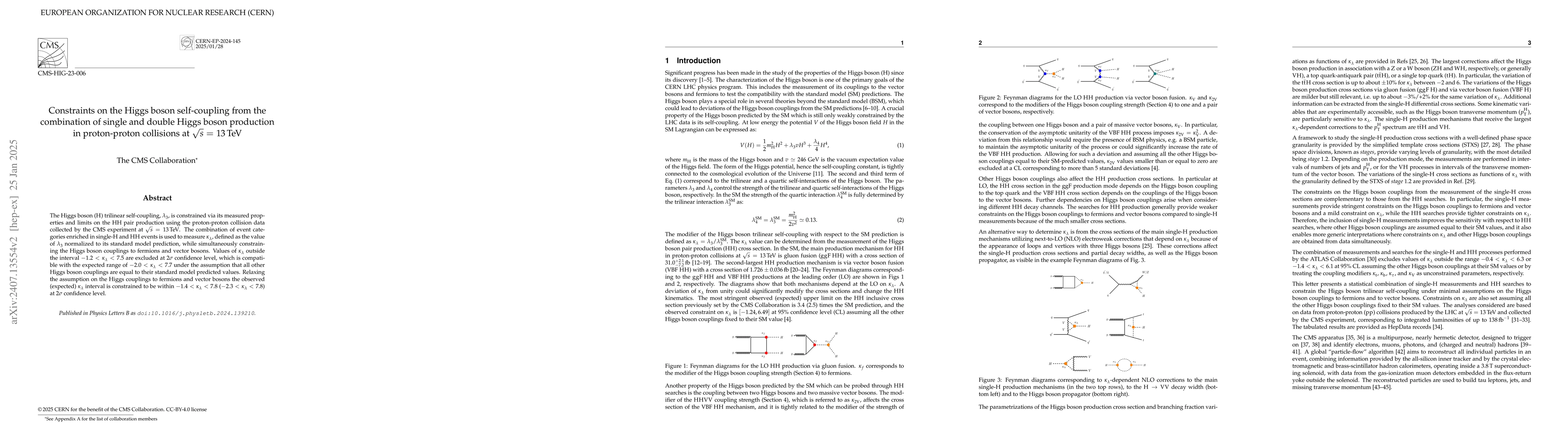 Thumbnail for Constraints on the Higgs boson self-coupling from the combination of
  single and double Higgs boson production in proton-proton collisions at
  $\sqrt{s}$ = 13 TeV