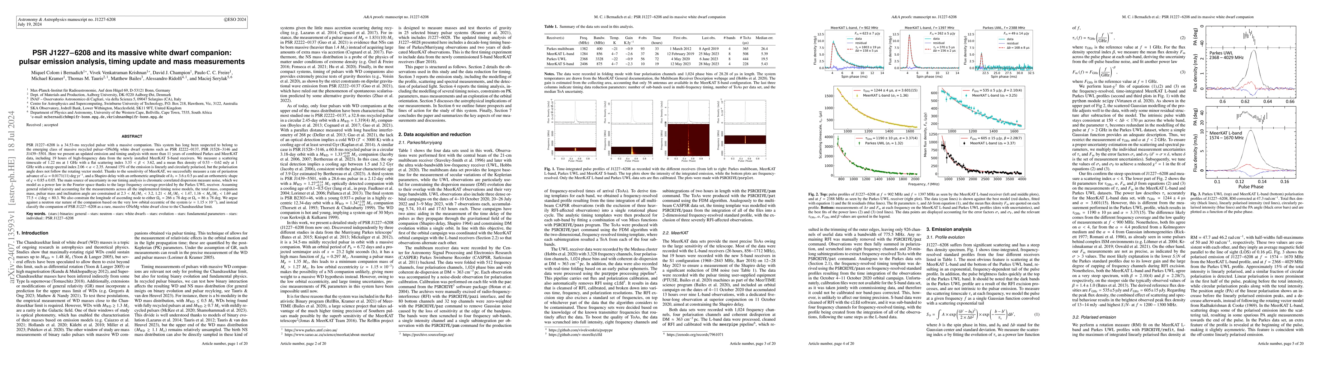 Thumbnail for PSR J1227$-$6208 and its massive white dwarf companion: pulsar emission
  analysis, timing update and mass measurements
