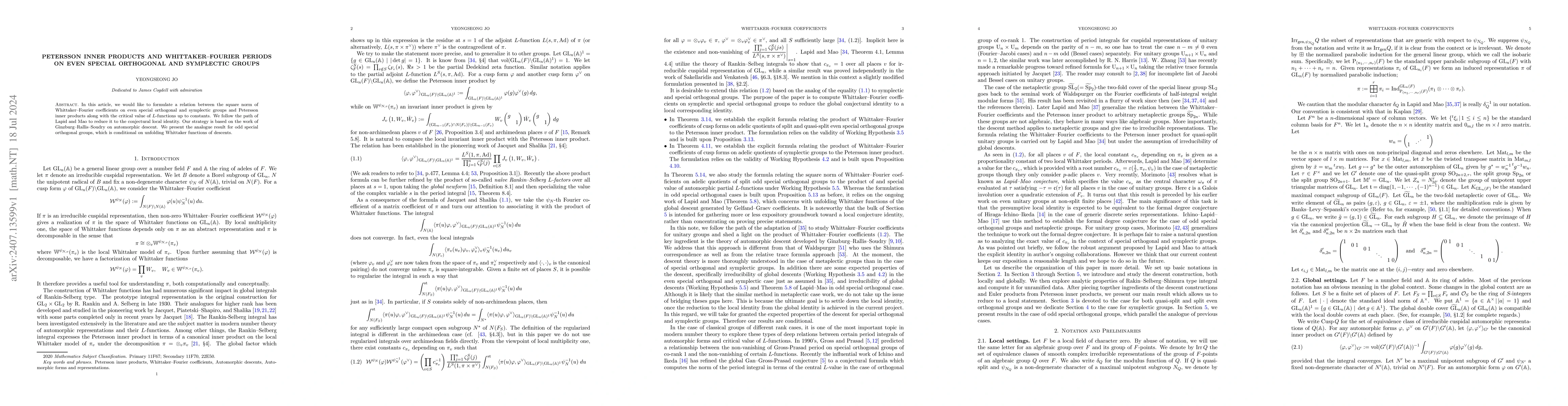Thumbnail for Petersson Inner Products and Whittaker--Fourier Periods on Even Special
  Orthogonal and Symplectic Groups