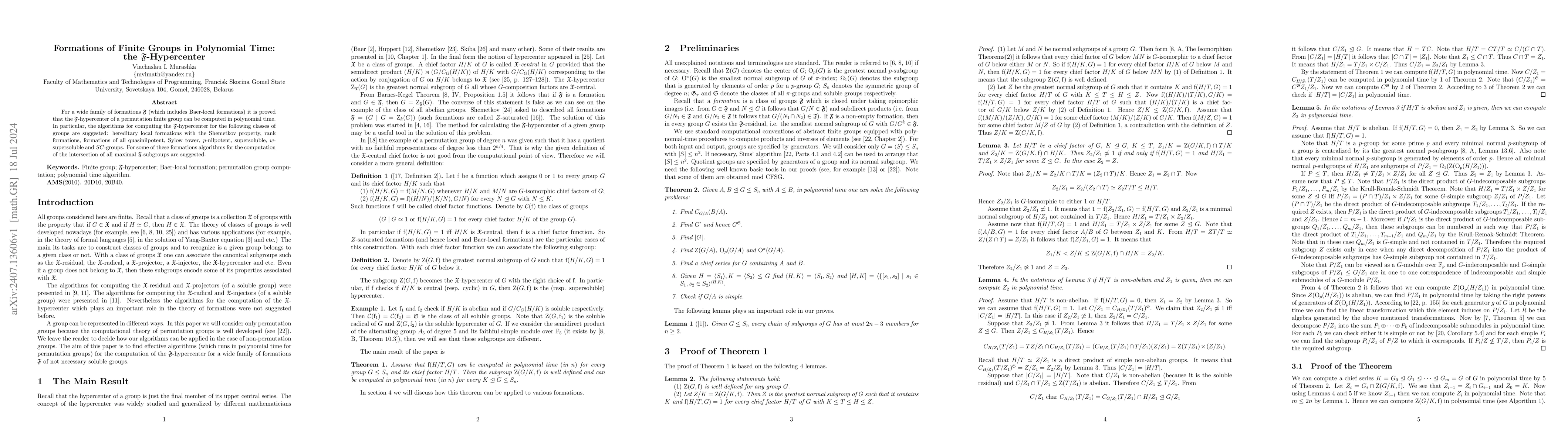 Thumbnail for Formations of Finite Groups in Polynomial Time: the
  $\mathfrak{F}$-Hypercenter