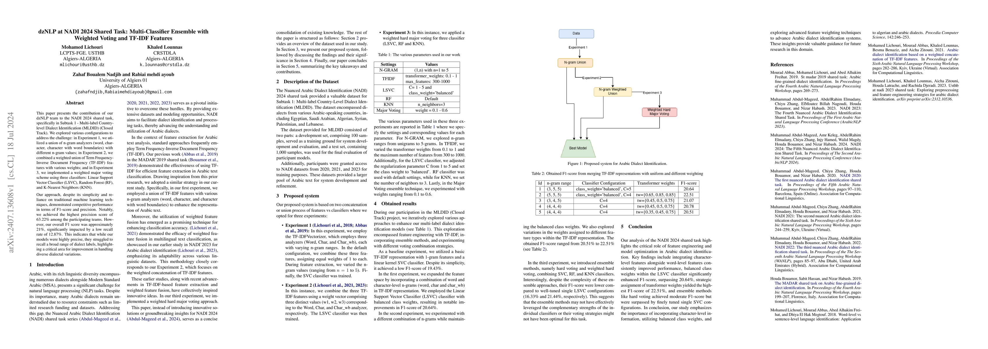 Thumbnail for dzNLP at NADI 2024 Shared Task: Multi-Classifier Ensemble with Weighted
  Voting and TF-IDF Features