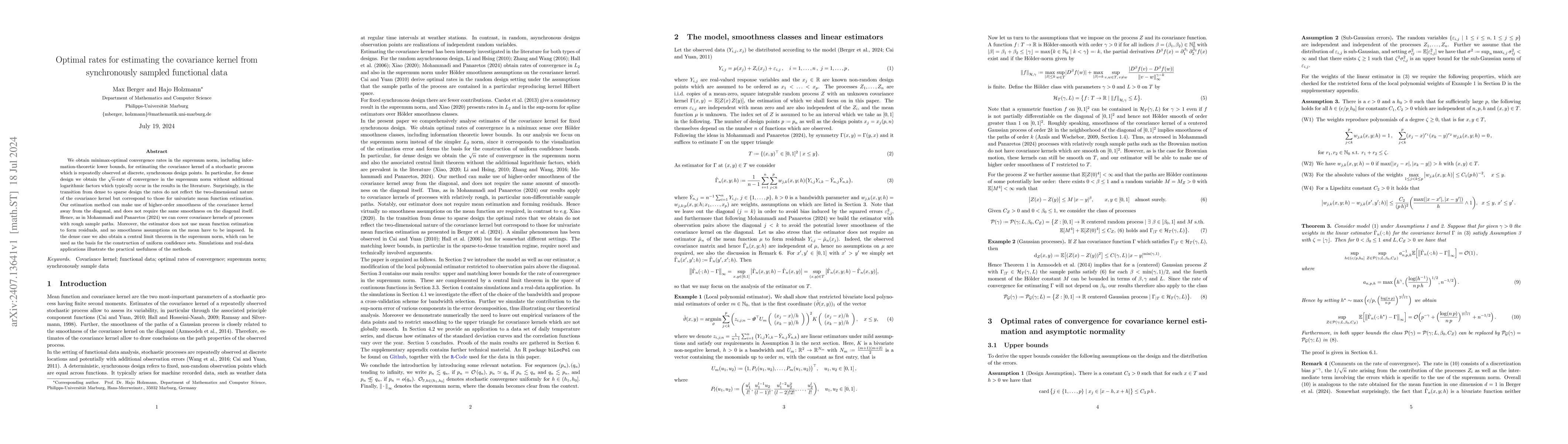 Thumbnail for Optimal rates for estimating the covariance kernel from synchronously
  sampled functional data