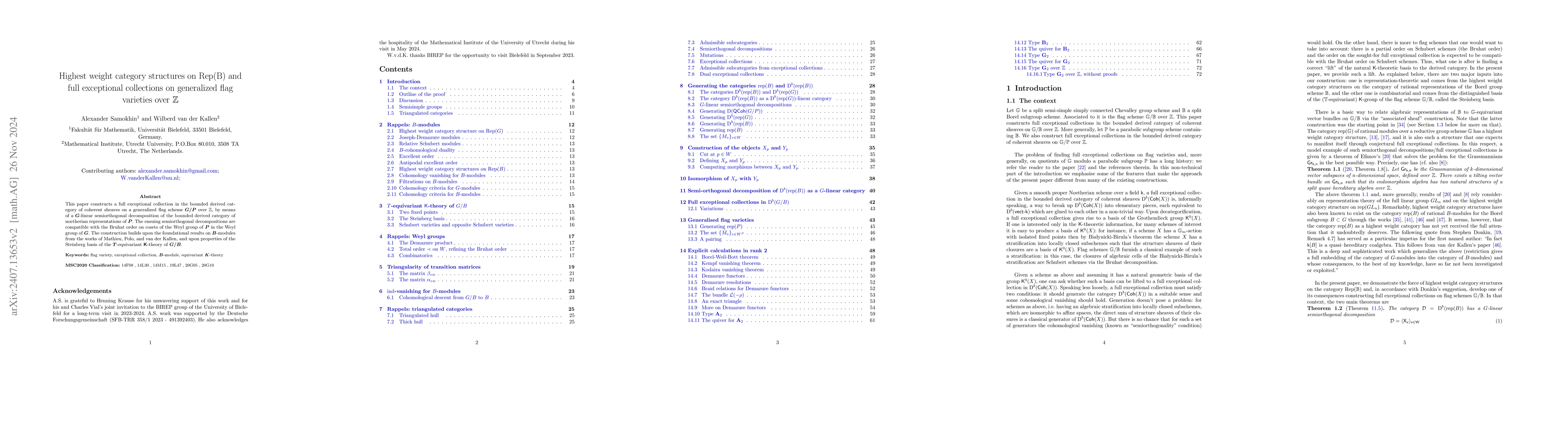 Thumbnail for Highest weight category structures on $Rep(B)$ and full exceptional
  collections on generalized flag varieties over $\mathbb Z$