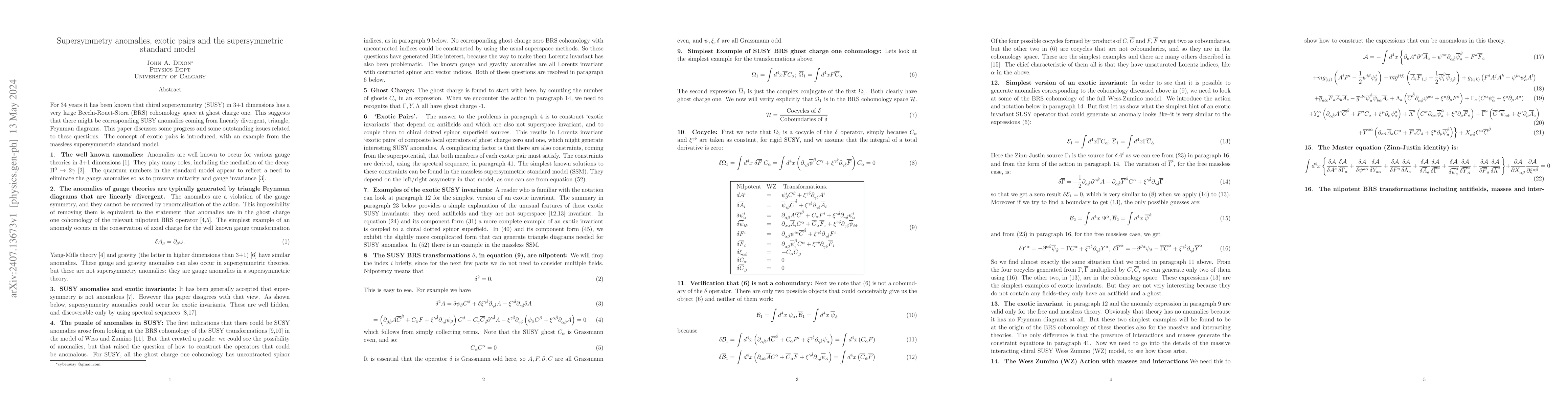 Thumbnail for Supersymmetry anomalies, exotic pairs and the supersymmetric standard
  model