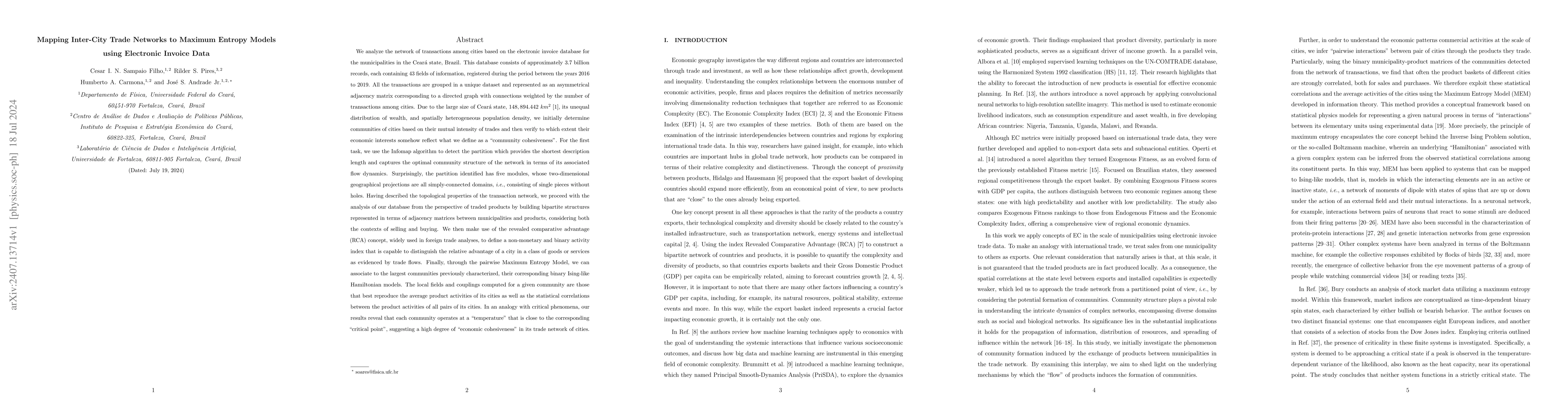 Thumbnail for Mapping Inter-City Trade Networks to Maximum Entropy Models using
  Electronic Invoice Data