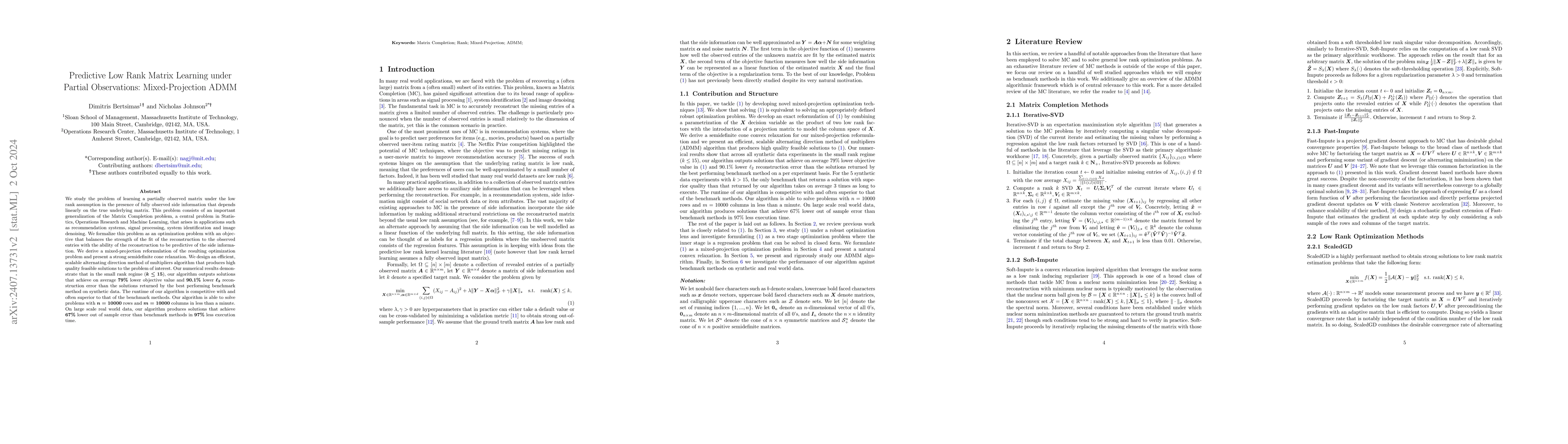 Thumbnail for Predictive Low Rank Matrix Learning under Partial Observations:
  Mixed-Projection ADMM