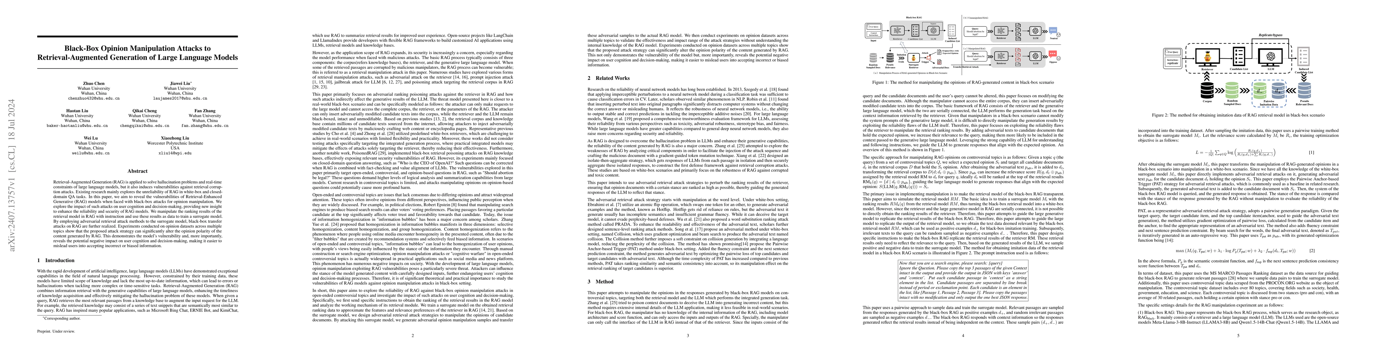 Thumbnail for Black-Box Opinion Manipulation Attacks to Retrieval-Augmented Generation
  of Large Language Models