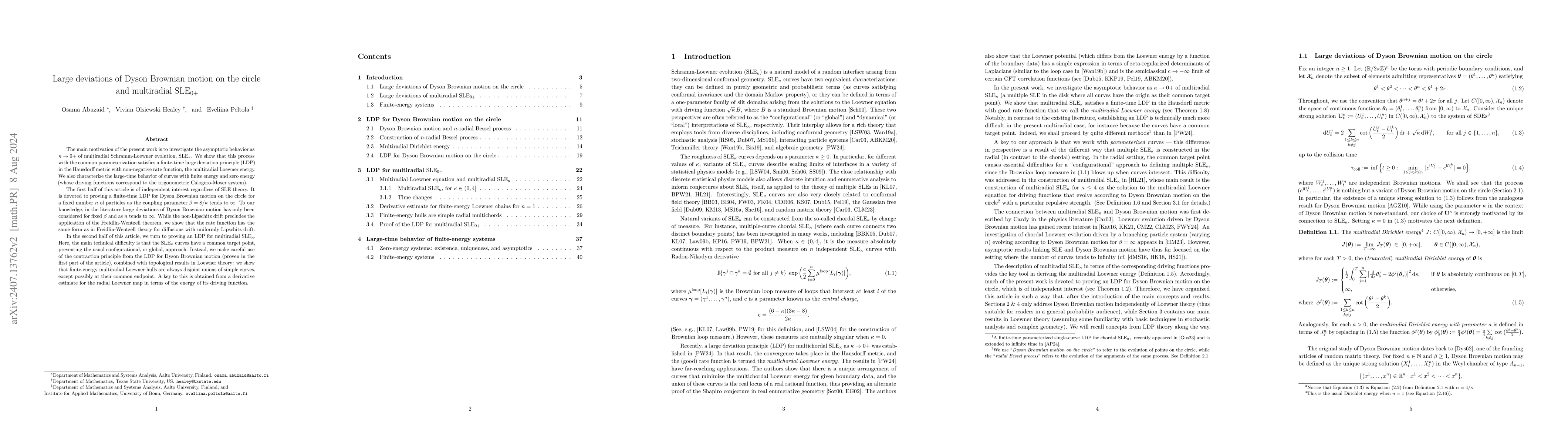 Thumbnail for Large deviations of Dyson Brownian motion on the circle and multiradial
  SLE0+