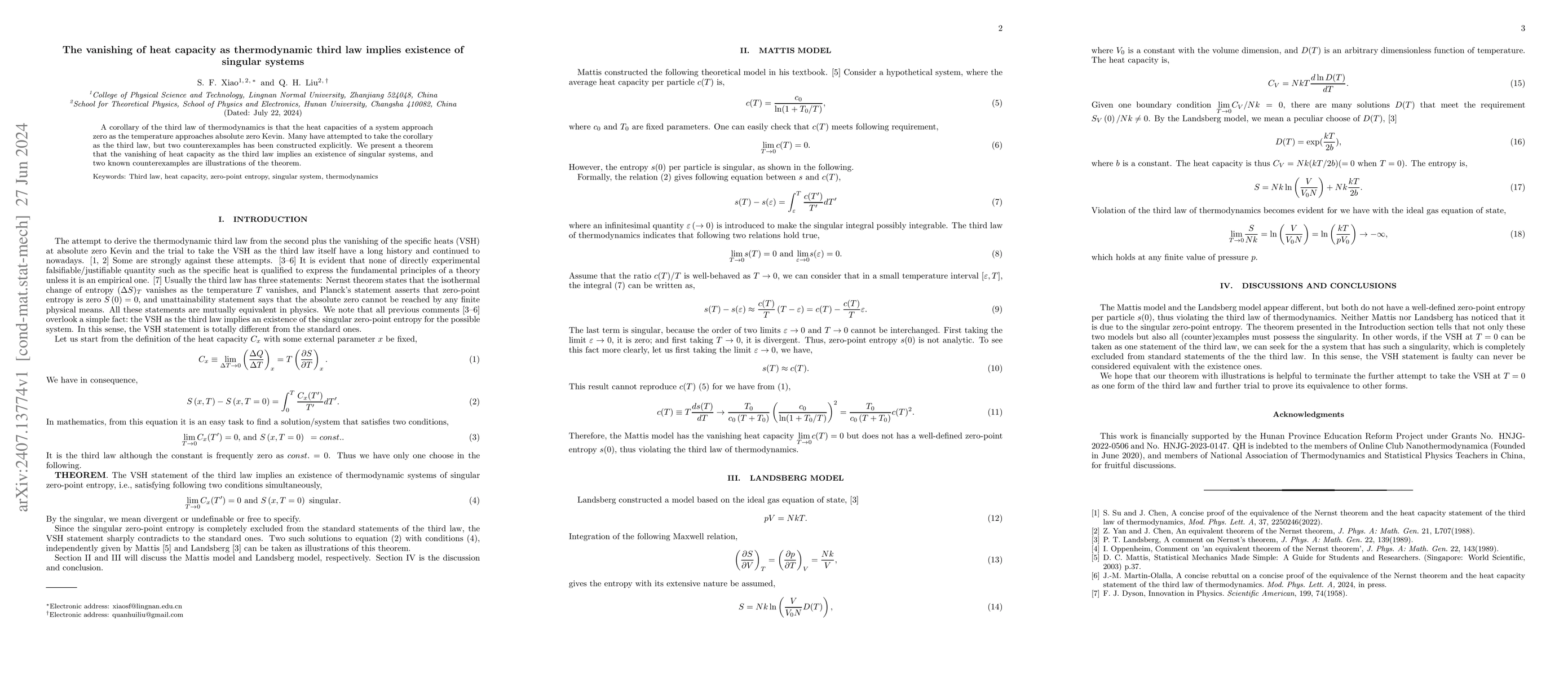 Thumbnail for The vanishing of heat capacity as thermodynamic third law implies
  existence of singular systems