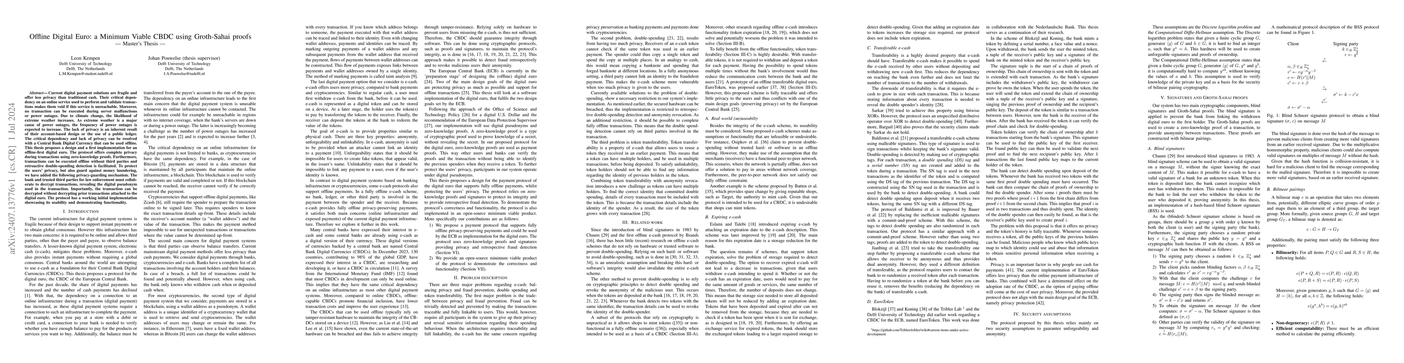 Thumbnail for Offline Digital Euro: a Minimum Viable CBDC using Groth-Sahai proofs