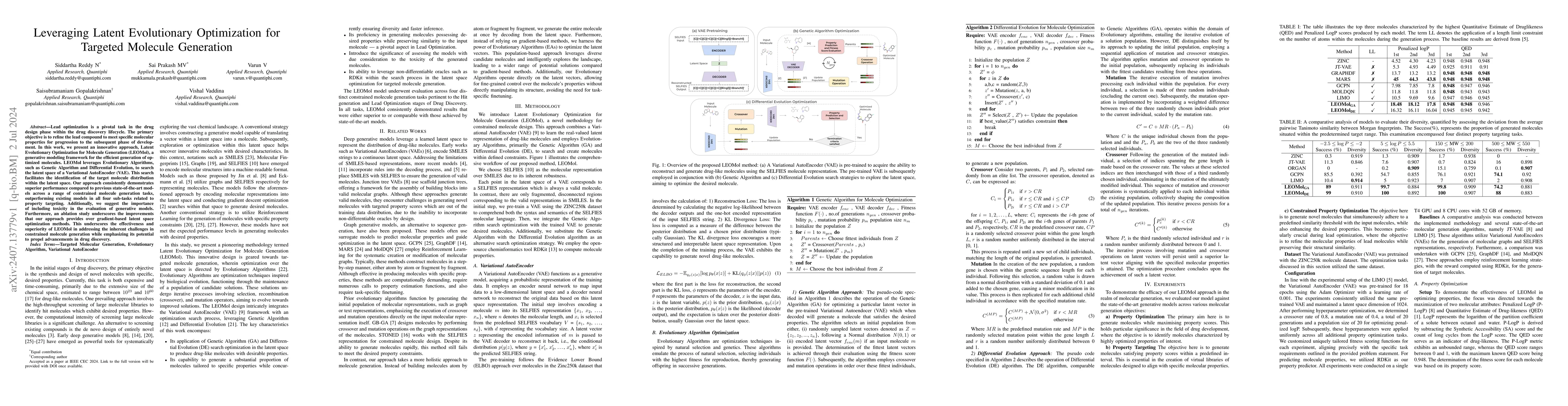 Thumbnail for Leveraging Latent Evolutionary Optimization for Targeted Molecule
  Generation