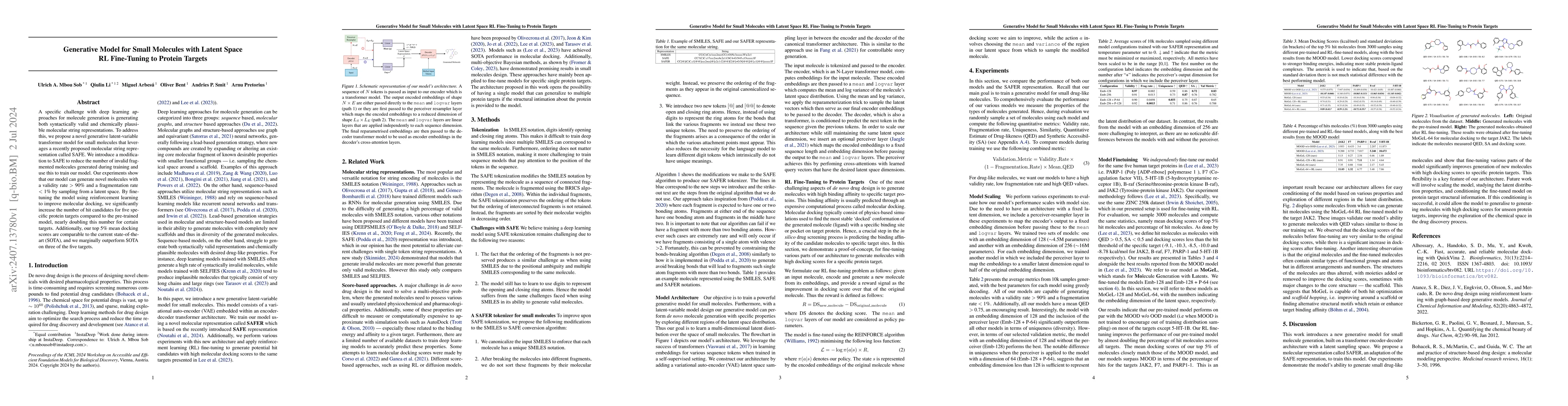 Thumbnail for Generative Model for Small Molecules with Latent Space RL Fine-Tuning to
  Protein Targets