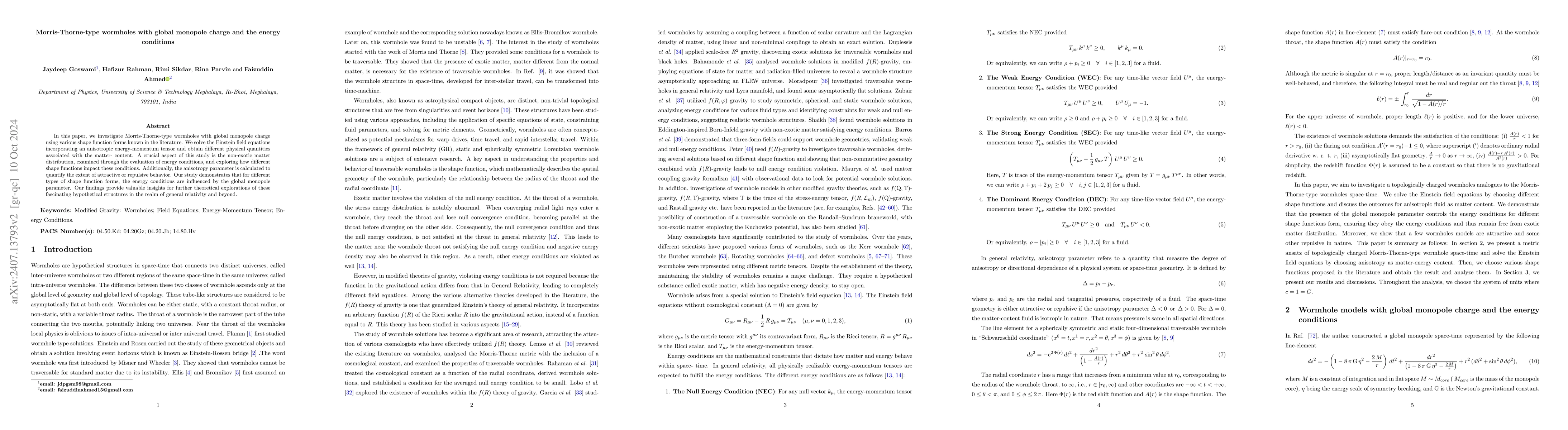 Thumbnail for Morris-Thorne-type wormhole with global monopole charge and the energy
  conditions