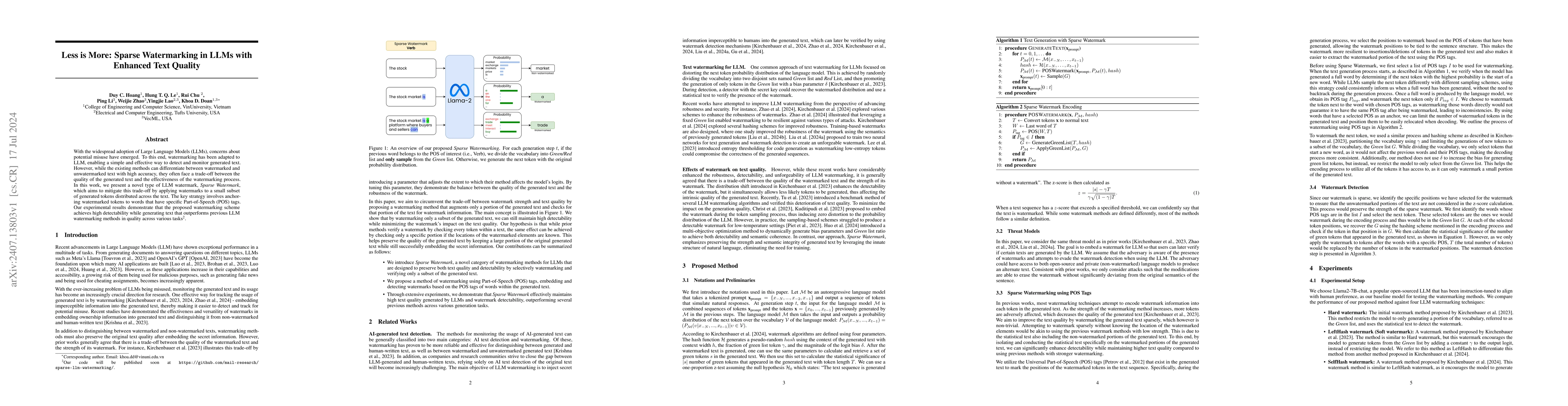 Thumbnail for Less is More: Sparse Watermarking in LLMs with Enhanced Text Quality