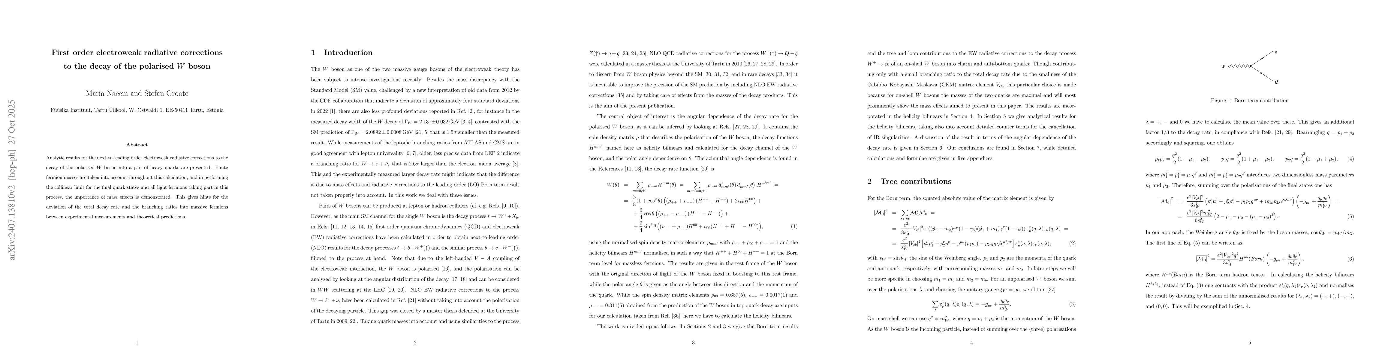 Thumbnail for First order electroweak radiative corrections to the decay of the
  polarised $W$ boson