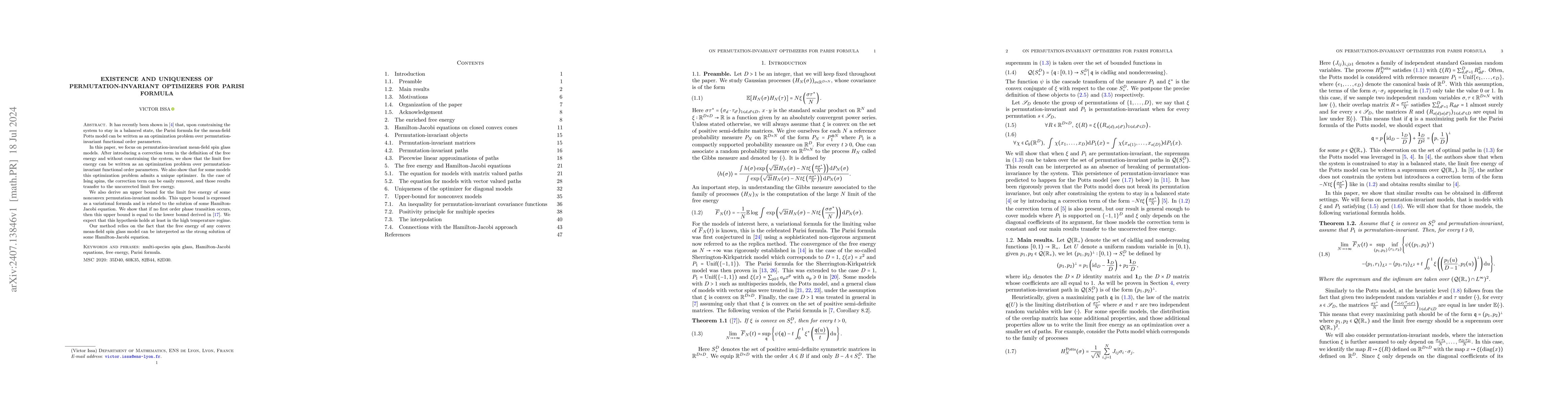 Thumbnail for Existence and Uniqueness of Permutation-Invariant Optimizers for Parisi
  Formula