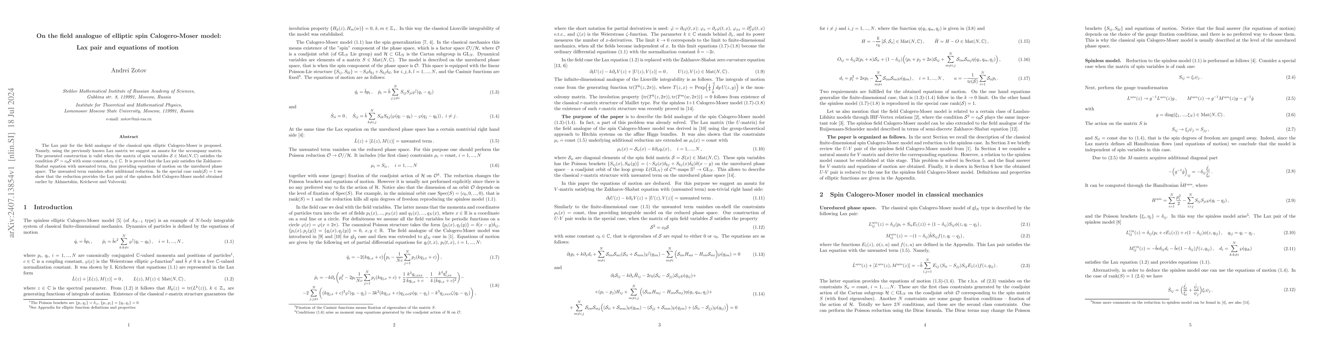 Thumbnail for On the field analogue of elliptic spin Calogero-Moser model: Lax pair
  and equations of motion